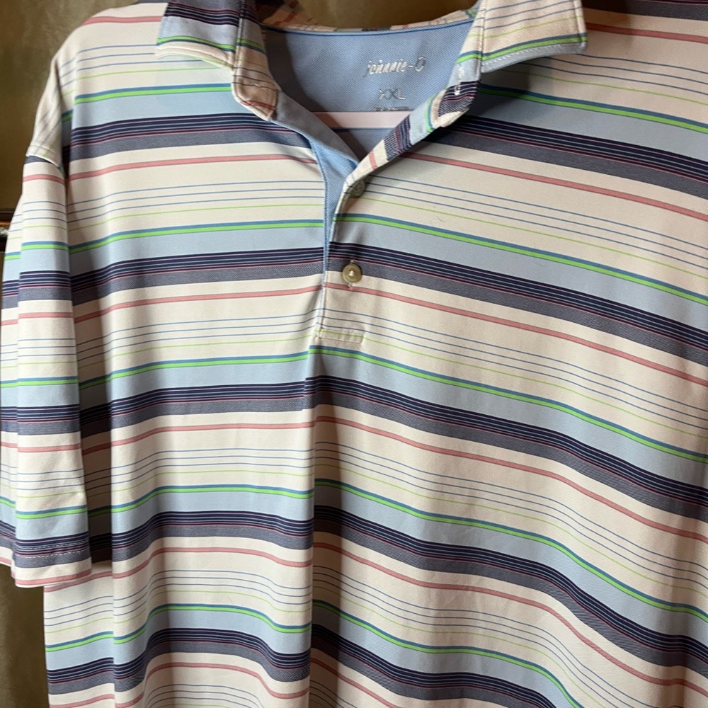 Johnnie-o Blue and Green Striped Polo Shirt with Knit Fabric
